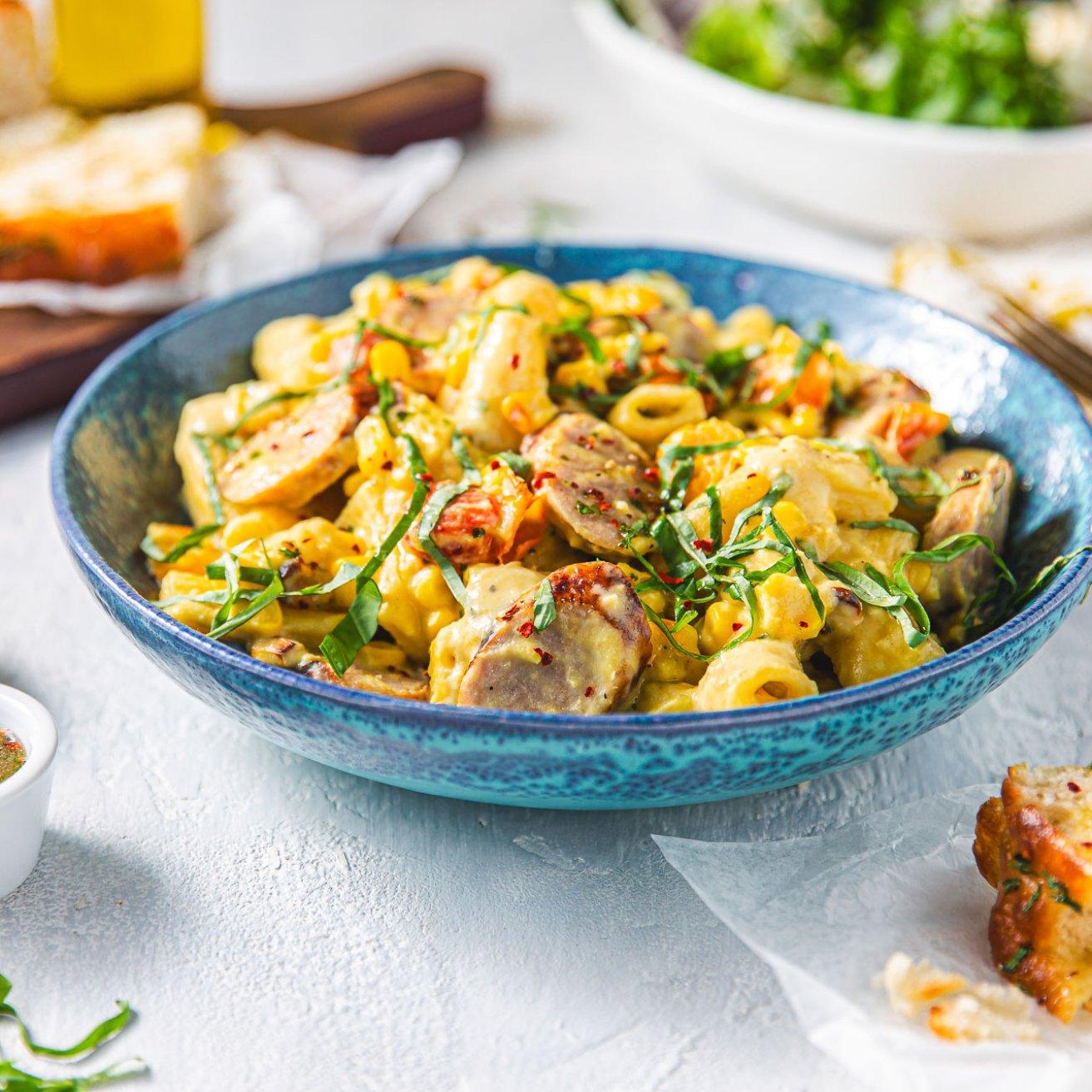 Sweet Corn & Miso Rigatoni with Sausage - WECO Hospitality