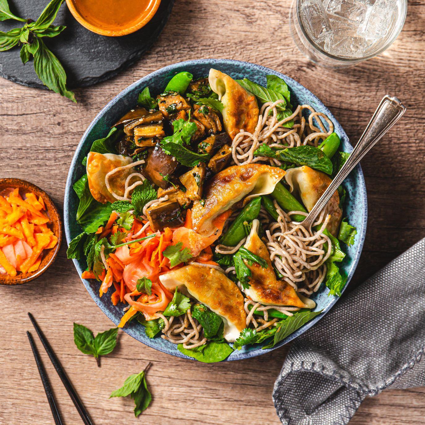 Vegan Edamame Dumpling and Soba Noodle Bowl - WECO Hospitality