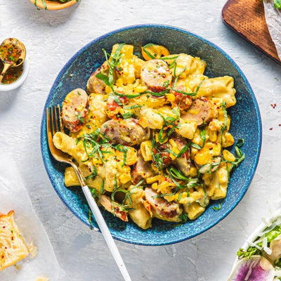 Gluten-Free Sweet Corn & Miso Ziti with Sausage - WECO Hospitality